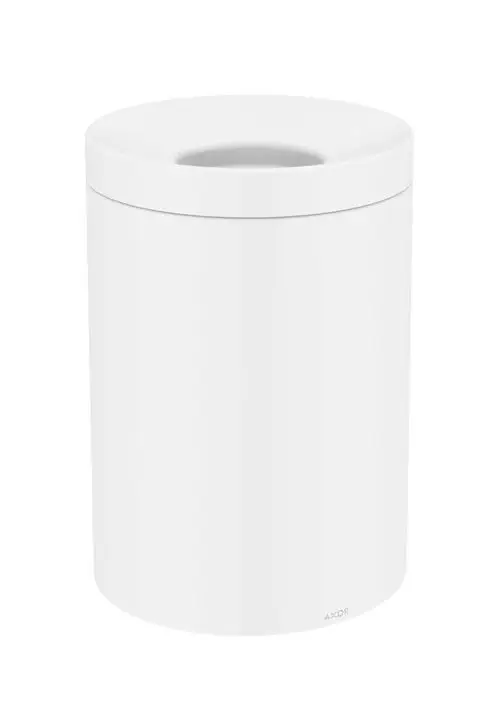 Weißer, zylindrischer Abfalleimer von AXOR mit einem glatten Design und einem runden Öffnungsoberteil. Ideal für den Einsatz in Wohnräumen oder Büros.
